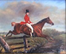 20TH CENTURY ENGLISH SCHOOL "Huntsman over a fence", oil on board, unsigned, 20.