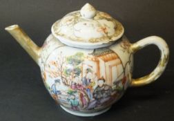 An 18th Century Chinese Chien Lung bullet shaped teapot decorated with a family scene to one side,