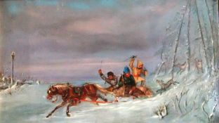 M. HUGHES "Escaping the Wolves", three figures on a horse-drawn sledge in snow, oil on board, signed