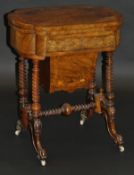 A Victorian walnut and marquetry inlaid work table, the fold over games top inlaid with chess and