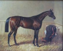 20TH CENTURY ENGLISH SCHOOL "Hunter in stable", oil on panel, unsigned, 18.