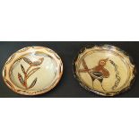 Two Native American glazed terracotta bowls, one depicting bird and snake,