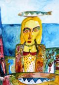 JOHN BELLANY (1942-2013) "Woman with fish", watercolour, signed bottom right, 76 cm x 57 cm (ARR)