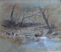 J ROBERTS "With the Devon and Somerset", study of a stag in a river with hounds in pursuit,