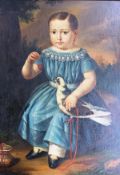 G. REINES "Study of a young girl holding a cherry, with dove on her knee", oil on canvas laid on