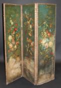 A 19th Century Dutch painted leather threefold screen with painted floral decoration,