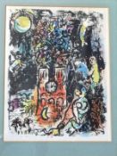 AFTER MARC CHAGALL (1887-1985) "Figures and clock tower", chromolithograph, unsigned,