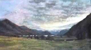JUDITH BROMLEY "Cumnock Water, Cumbria", mountainous landscape with sheep in the foreground, pastel,