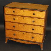 An early 19th Century maple and oak veneered chest, the plain top with ebonised reeded moulded