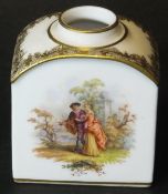 A circa 1900 Meissen miniature tea caddy decorated with two lovers in a landscape with floral