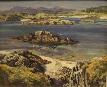 JAMES McINTOSH PATRICK (1907-1998) "Highland shore scene, with mountains in background", oil on