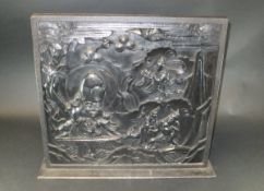 A Chinese cast iron framed carved and stained alabaster panel featuring figures and deer, 45.