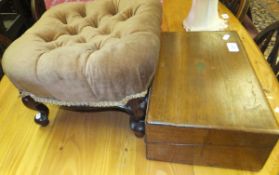 A Victorian rosewood button upholstered footstool on cabriole legs,