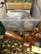 A box of assorted metal wares to include various copper flagons,