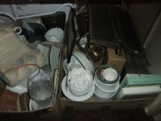 Eight boxes of sundry china, glass, cameras, etc,