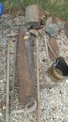 A collection of large vintage tools / farming implements, to include band saws,