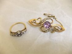An 18 carat gold diamond set dress ring, and a 9 carat gold amethyst and seed pearl set bar brooch