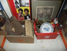 Two boxes of sundry items to include nativity models, glass bottles, coronation ware,