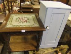 An oak two tier square occasional table and a pale blue painted pot cupboard