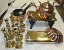 A quantity of various Victorian copper and brass ware to include brass topped iron trivet,