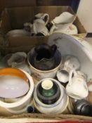 Two boxes of sundry china wares to include wash bowl and jug set,