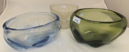 Two art glass vases, three cut glass bowls, glass bowl with fold-over rim,