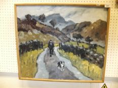 IN THE MANNER OF KYFFIIN WILLIAMS "Study of a man with sheepdog on pathway", oil on canvas,