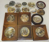 A box containing a collection of Pratt ware pot lids to include five in mahogany and satinwood