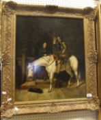 AFTER J F HERRING "Cavalier on horseback with maiden and dog", oil on canvas,