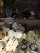 Two boxes of assorted china and glassware to include a pedestal fruit bowl, art glass vase,