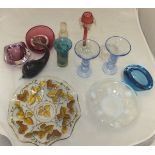 A box of various art glass, Lalique style opalescent glass bowl,