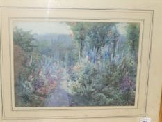 EDITH ALICE ANDREWS "Study of a garden with flower beds and pathway and hills rising beyond",
