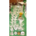 A cut glass claret jug with plated mounts, glass wine ewer and various drinking glasses,