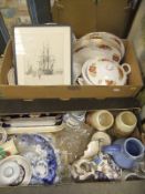 Two boxes of assorted china wares to include decorative plates, jugs,