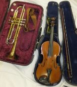 A violin with two piece back, together with violin bow, housed in black carrying case,