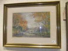 W ROBINSON "Autumn scene with path and figures", watercolour,