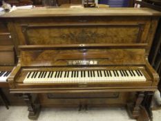 A late 19th Century burr walnut cased upright piano,