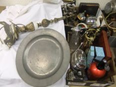 Two boxes of sundry items to include an 18th Century pewter plate,