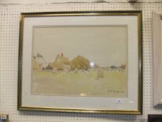 R G EVES "Study of a graveyard with thatched house and buildings in background", watercolour,