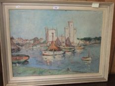 H HOL ? "Leeyer La Rochelle", study of boats on the water, castle and buildings beyond",