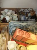 Five boxes of assorted china wares to include decorative plates, vases, tea wares, etc,