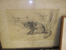 Four various pictures to include "Study of a fox with hunt beyond", print,