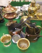 A 19th Century copper samovar, two iron handled copper saucepans, brass jug, two brass mortars,