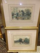 A box of assorted pictures and prints to include I F ? "Shiplake", a pair of watercolours,