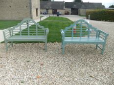 Two green painted Lutyens style slatted wooden garden benches (2) CONDITION REPORTS Both appear to