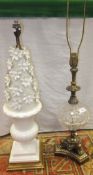 A Victorian oil lamp style brassed and cut glass table lamp and a Casa Pupo white glazed pottery
