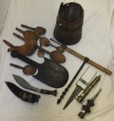An iron plume holder, Nepalese kukri knife, iron hand bit/drill, treen ware bread paddle,