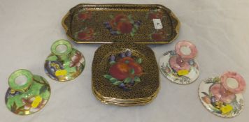 A set of six late 1920's Maling dessert plates and sandwich dish in "Honeycomb ground decorated