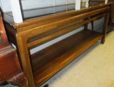 A slim oak rectangular glass topped two tier side table