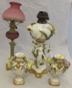 A 19th Century F D Bradley of Longton Staffordshire English porcelain oil lamp decorated with